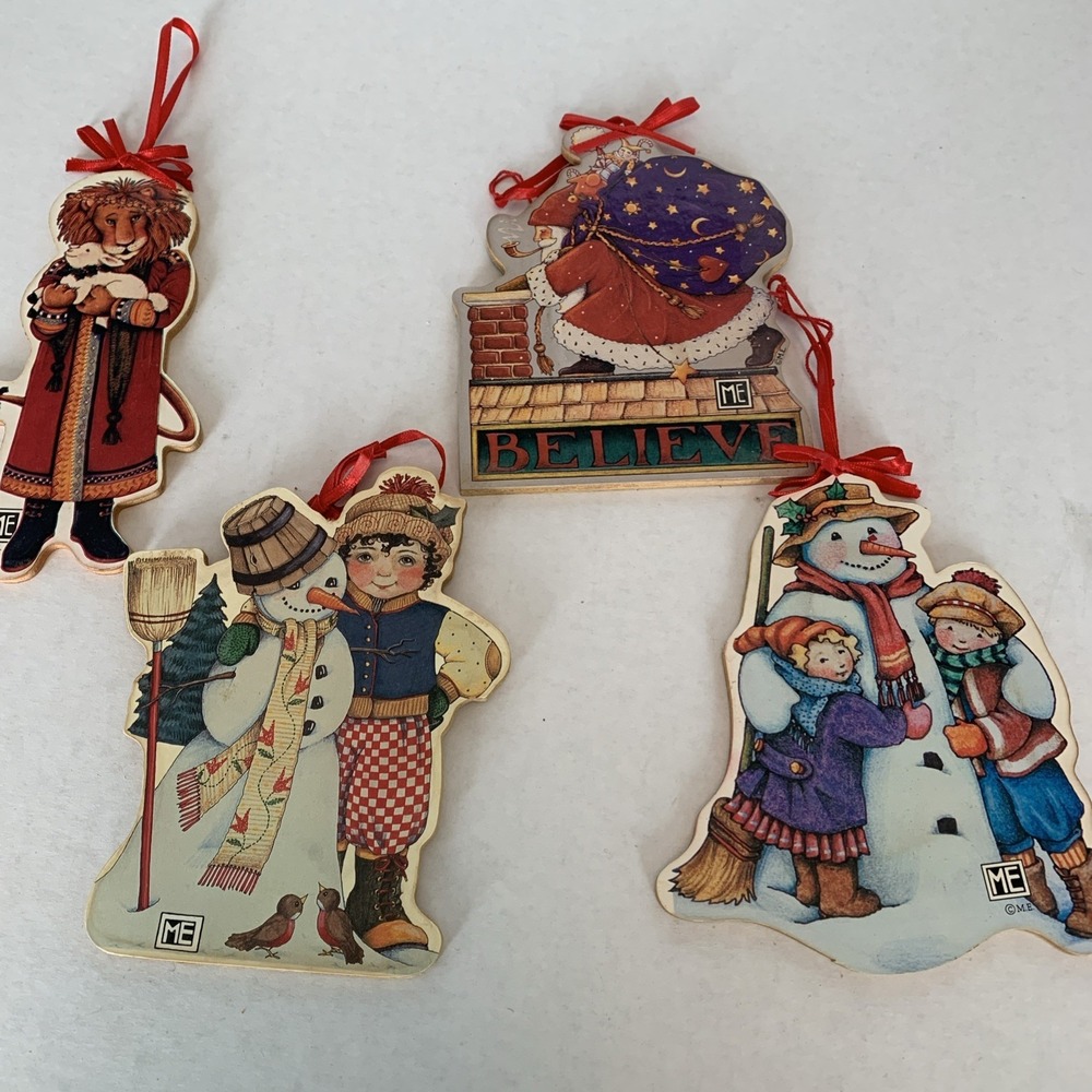 4 VTG Mary Englbreit Wood Ornaments, Lion & Lamb, Believe Santa,Winter Pals,